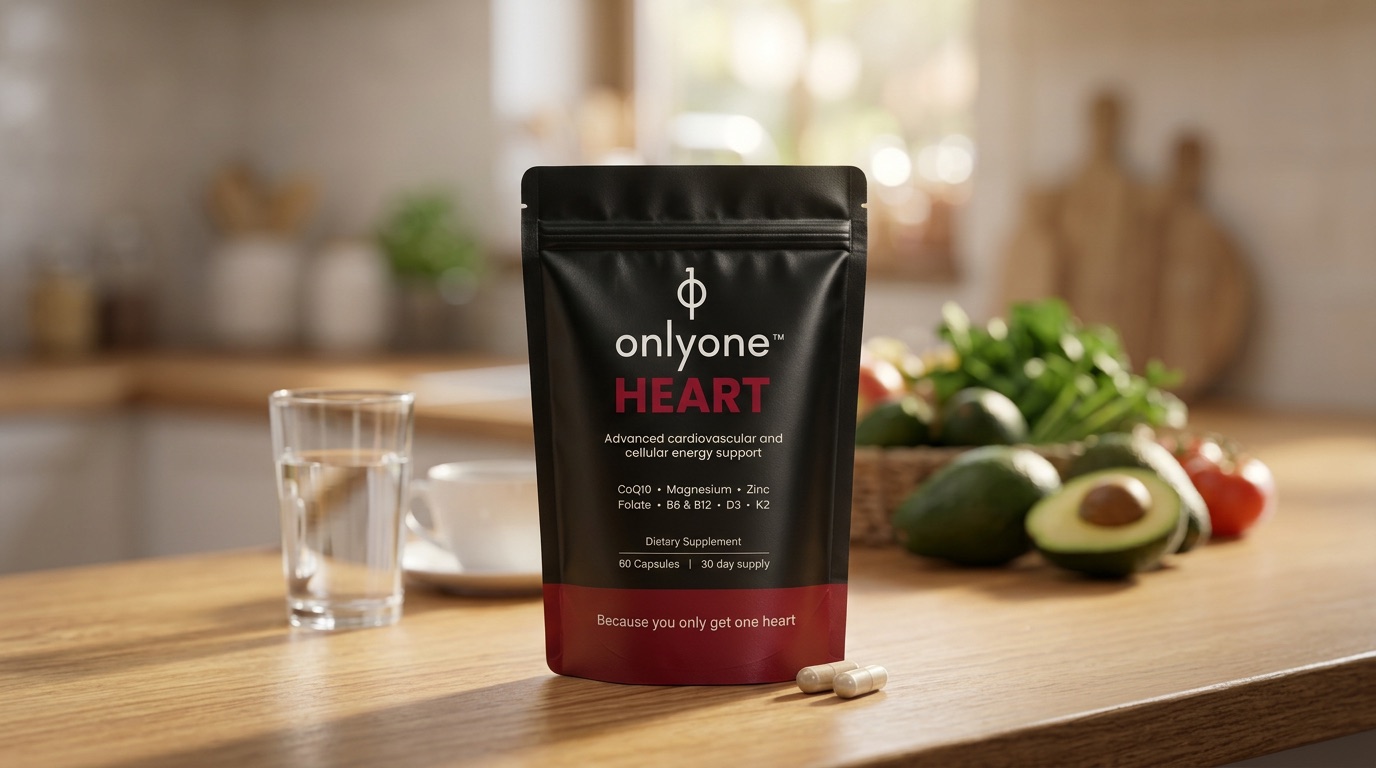 onlyone&trade; Heart pouch on a kitchen counter, with two capsules and a glass of water.